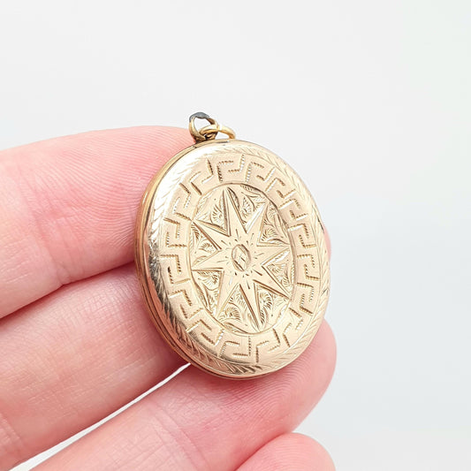Antique Victorian 9ct Gold Star Locket Hand Engraved Pendant Fine Estate Solid 375 9k Front Back Oval Large Vintage Jewelry Jewellery