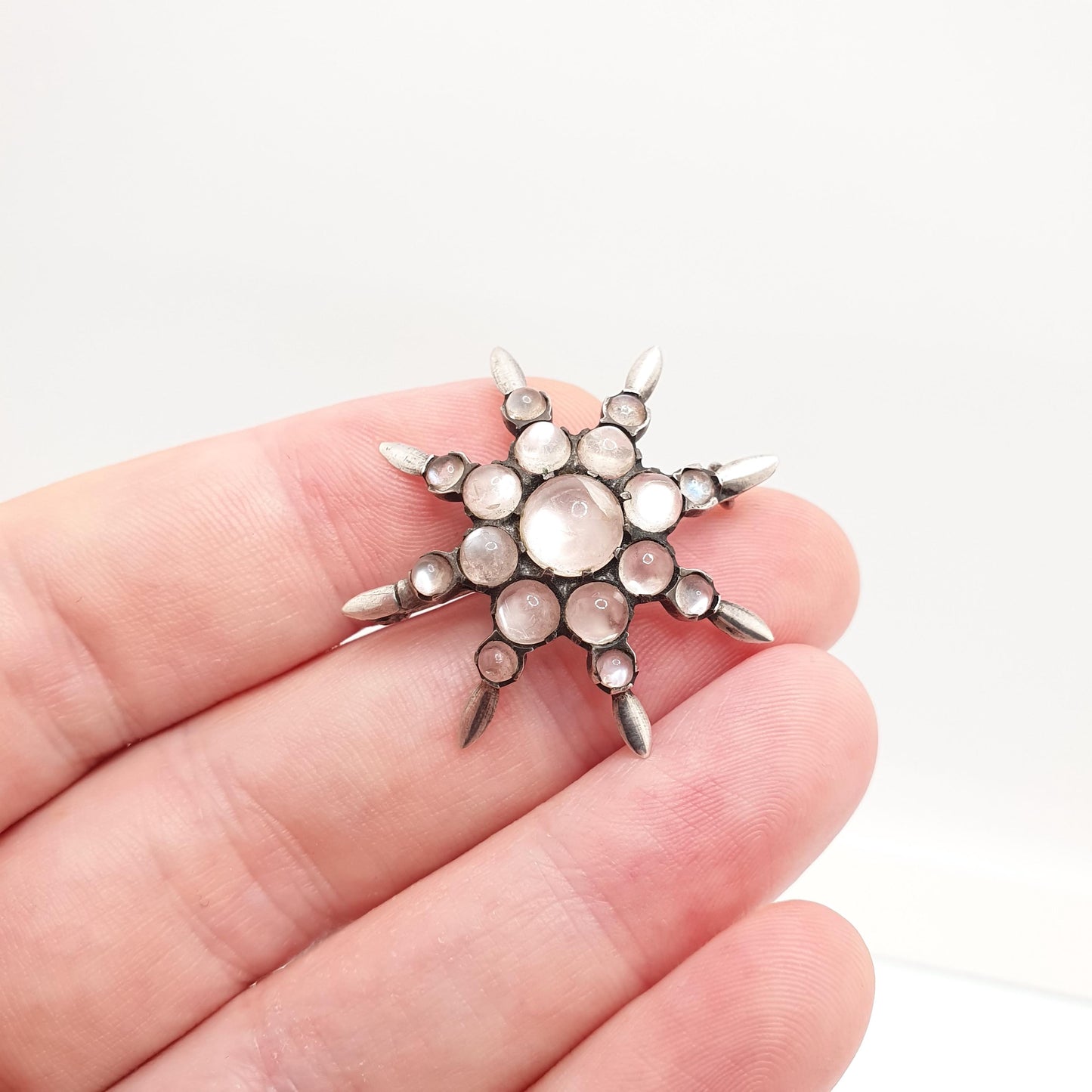 Antique Moonstone Star Brooch Solid Silver Victorian Starburst Cluster Celestial Starry Vintage Blue Adularescence Womens Jewelry Jewellery