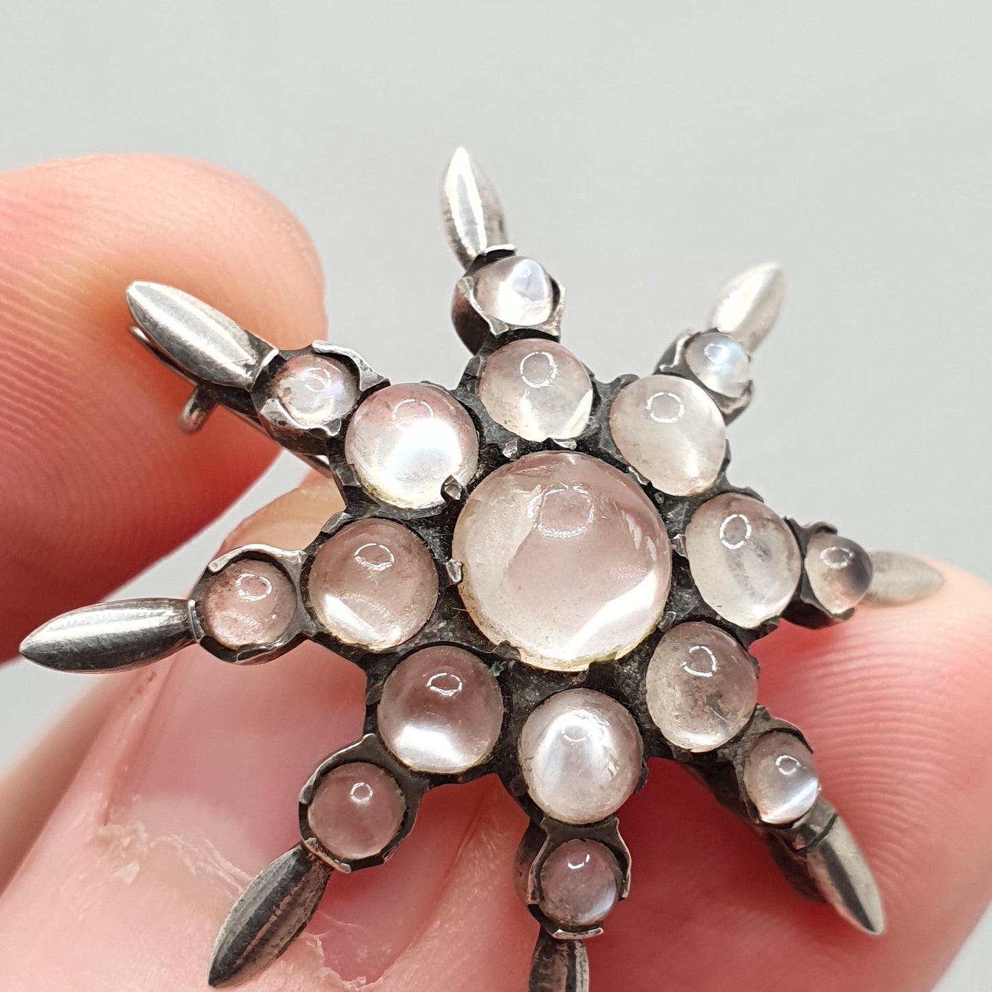 Antique Moonstone Star Brooch Solid Silver Victorian Starburst Cluster Celestial Starry Vintage Blue Adularescence Womens Jewelry Jewellery