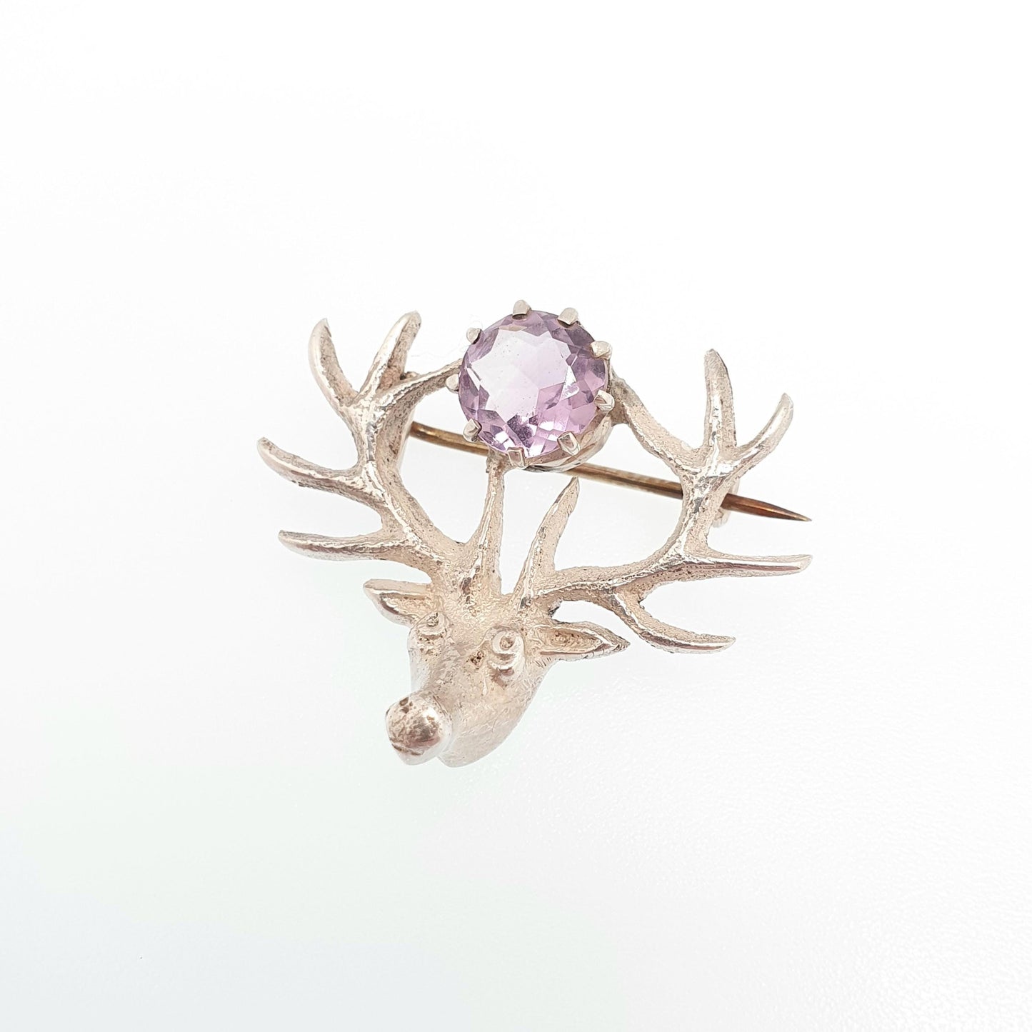 Antique Solid Silver Amethyst Stag Brooch Genuine Amethyst Scottish Deer Antler Hunting Hunt Mens Womens Vintage Jewelry Jewellery