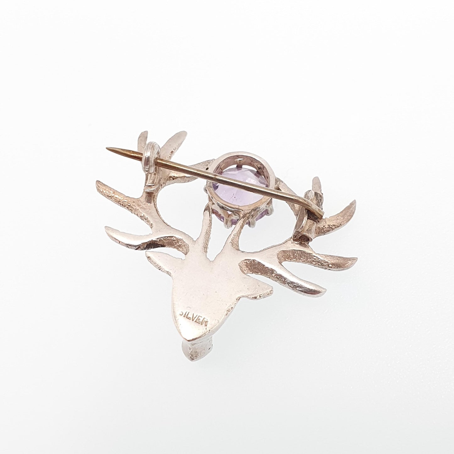 Antique Solid Silver Amethyst Stag Brooch Genuine Amethyst Scottish Deer Antler Hunting Hunt Mens Womens Vintage Jewelry Jewellery