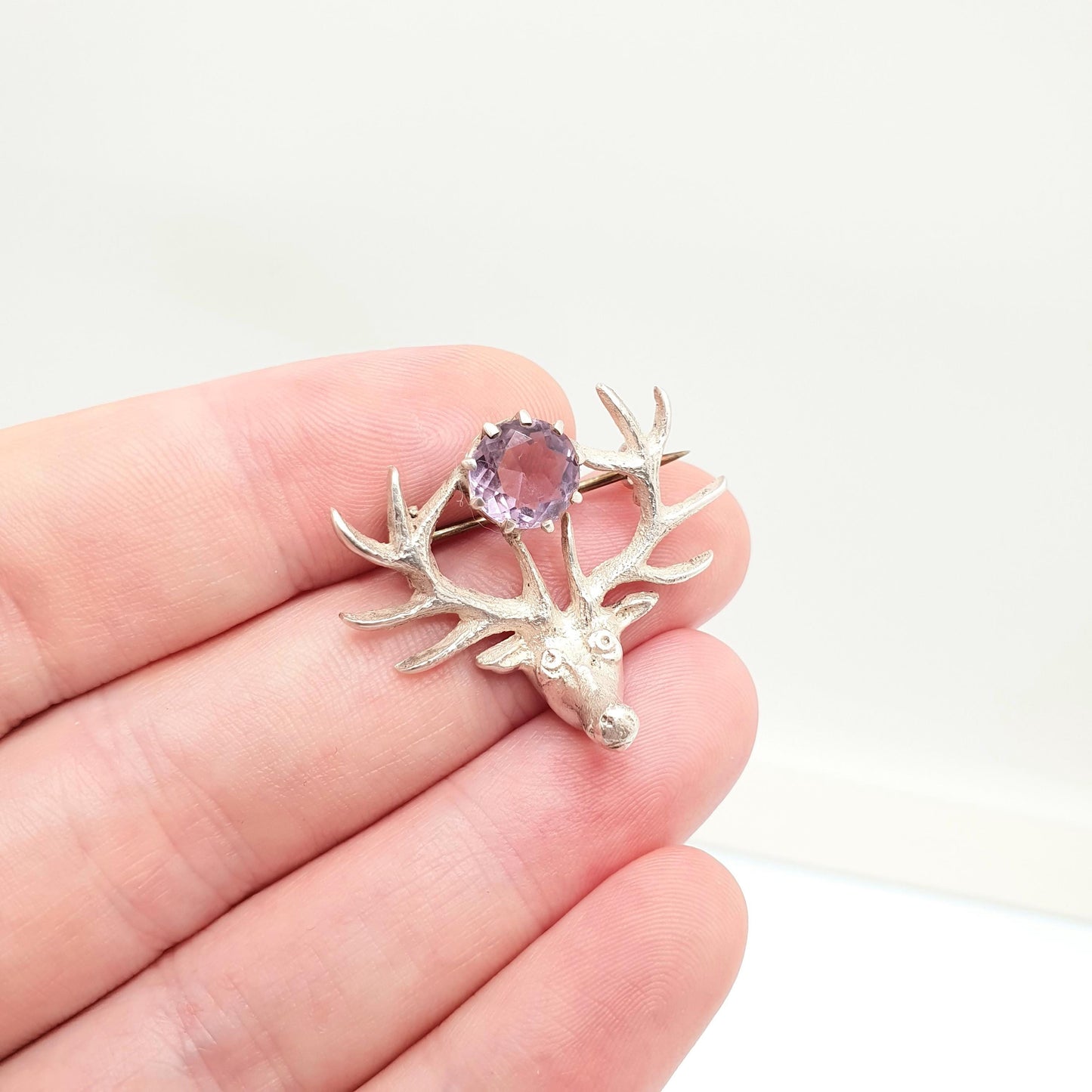 Antique Solid Silver Amethyst Stag Brooch Genuine Amethyst Scottish Deer Antler Hunting Hunt Mens Womens Vintage Jewelry Jewellery