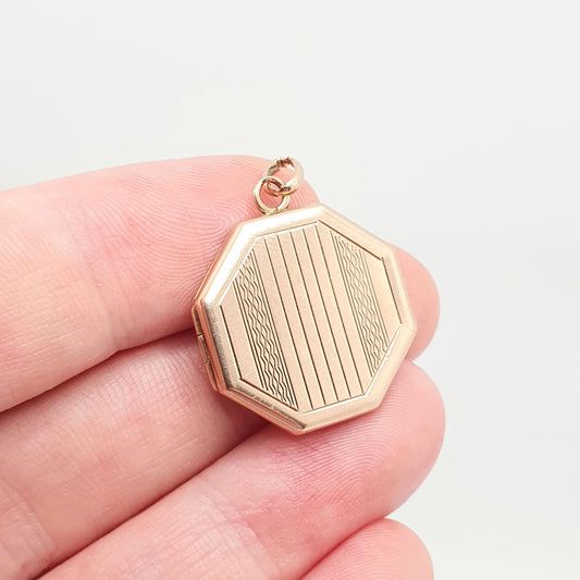 Old Vintage Solid 9ct Rose Gold Locket Octagonal 1941 Hallmark Art Deco Style All 9k 375 Engraved Fine Estate Gift Photo Jewelry Jewellery