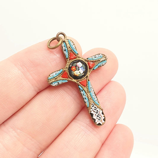 Antique Micro Mosaic Gold Gilt Crucifix Necklace Cross Pendant Mircomosaic Catholic Handmade Italian Vintage Womens Jewelry Jewellery