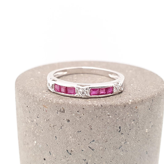 Vintage 9k 9ct Gold Ruby & Diamond Ring Art Deco Revival Channel Set Solid 375 White Gemstone Genuine Real Womens Jewelry Jewellery Sparkly
