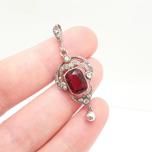 Antique Solid Silver Ruby Diamond Paste Pendant Art Nouveau Necklace Rectangular Hanging Rare Fine Vintage Womens Jewellery Jewelry