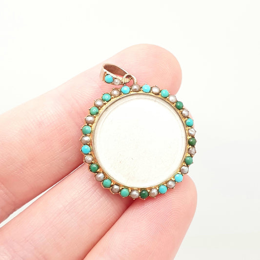 Antique Victorian 9ct 9k Gold Turquoise Locket Seed Pearl Border Necklace Pendant Double Sided Solid 375 Yellow Jewelry Womens Jewellery