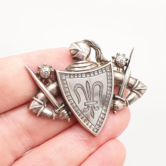 Antique Victorian Solid Silver Fleur De Lis Brooch Knight Sword Shield French Coat of Arms Pin Vintage Genuine 1800s Jewelry Jewellery