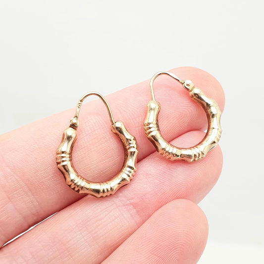 Vintage 9ct 9k Gold Bamboo Hoop Earrings Gypsy Bone Solid 375 9 Carat Safety Latch 1980s Dangle Hanging Ladies Womens Jewelry Jewellery