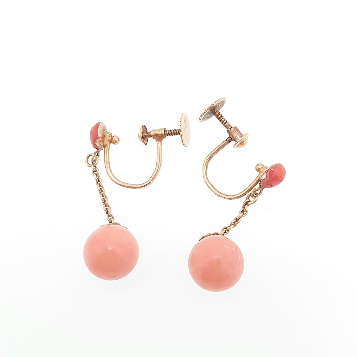 Antique 9ct Gold Faux Coral Earrings Pink Bauble Bead 1910 Hallmark Solid 9kt 9k Tassel Glass Hook Drop Dangle Womens Jewelry Jewellery