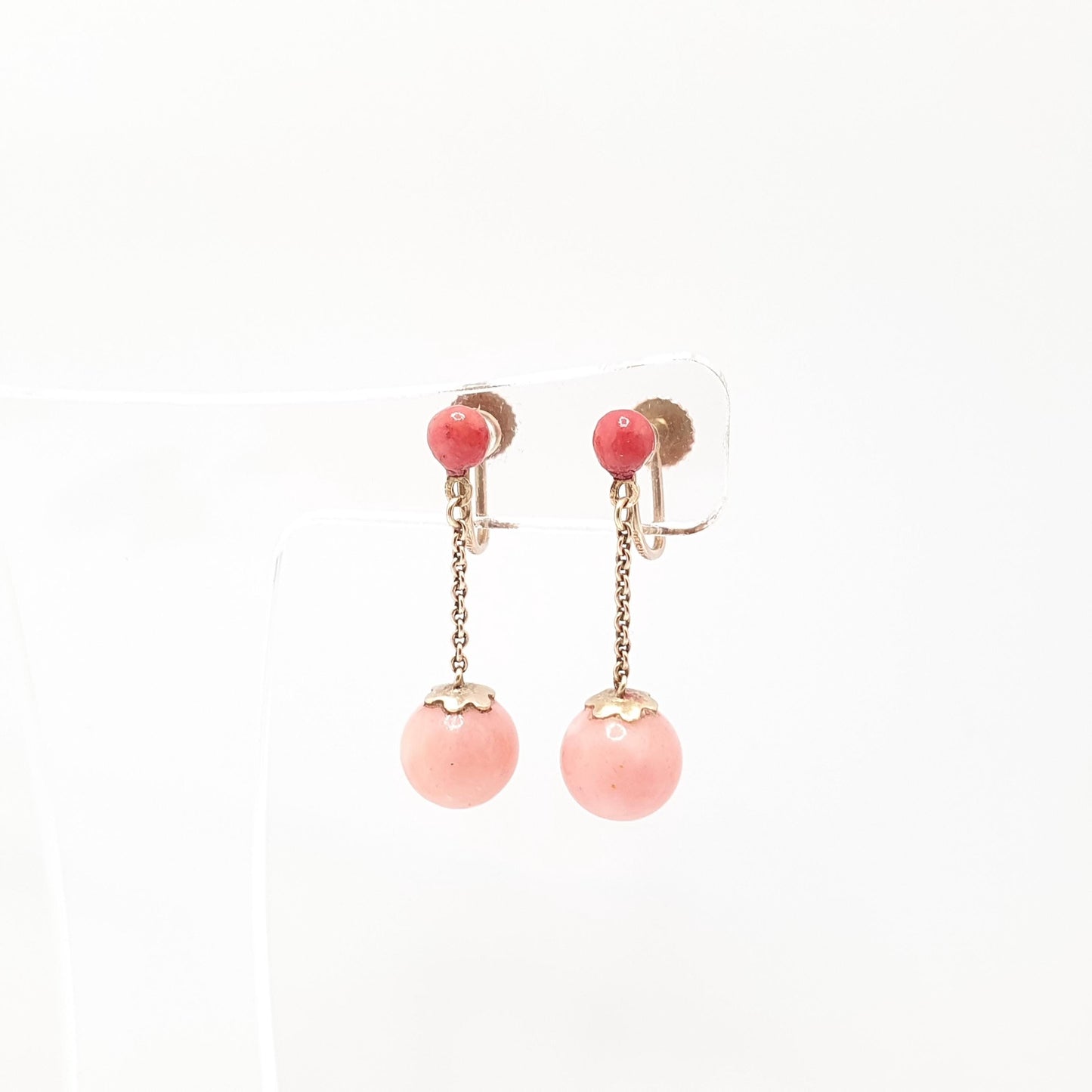 Antique 9ct Gold Faux Coral Earrings Pink Bauble Bead 1910 Hallmark Solid 9kt 9k Tassel Glass Hook Drop Dangle Womens Jewelry Jewellery