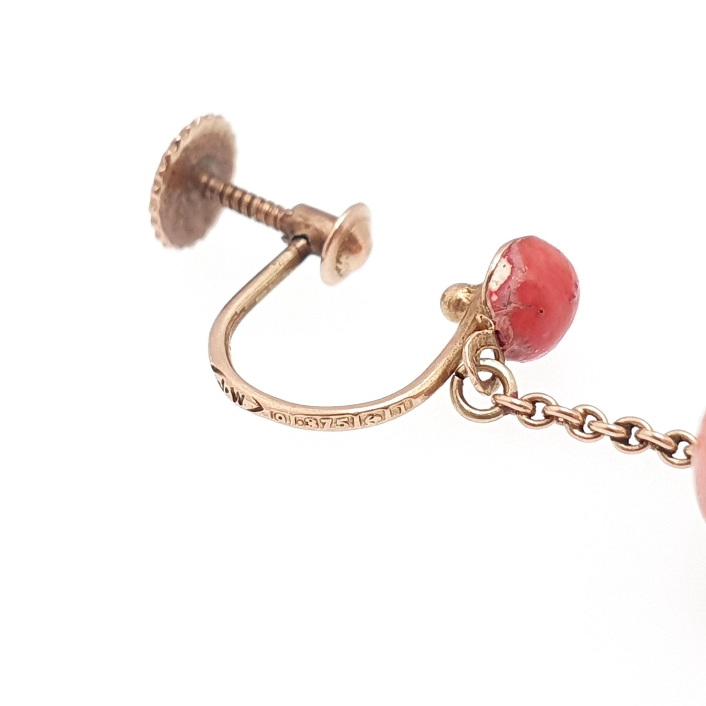 Antique 9ct Gold Faux Coral Earrings Pink Bauble Bead 1910 Hallmark Solid 9kt 9k Tassel Glass Hook Drop Dangle Womens Jewelry Jewellery