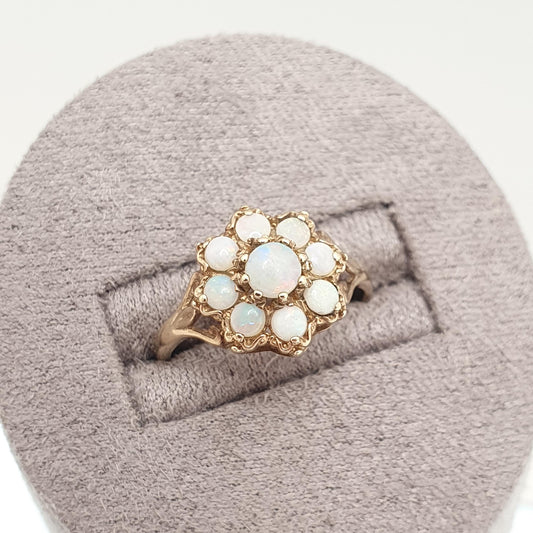 Vintage 9ct Gold Opal Diamond Ring Solid 9k 9kt Cluster Halo Fine Estate White Opals 1986 Hallmarked Retro Womens Jewelry Jewellery