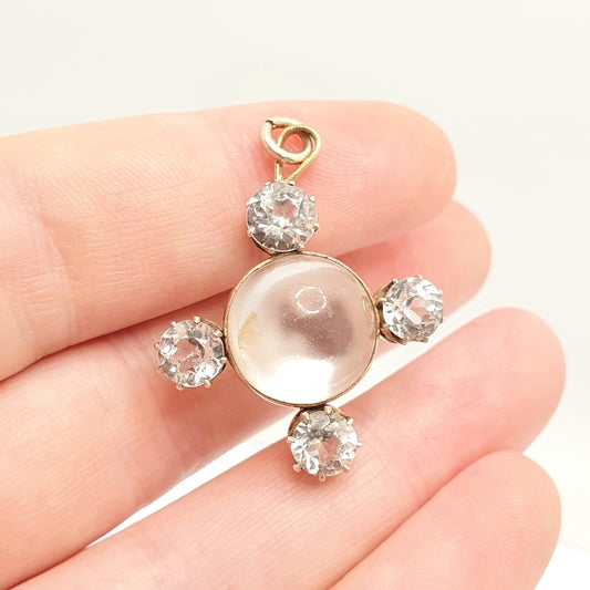 Antique Moonstone Solid Silver Necklace Pendant White Sapphire Victorian Maltese Cross Cruciform Cabochon Gemstone Womens Jewelry Jewellery