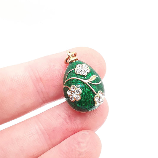 Vintage Gold Gilt Green Enamel Egg Charm Pendant CZ Gemstone Necklace Champleve Bracelet Russian Style Plate Plated Jewelry Jewellery