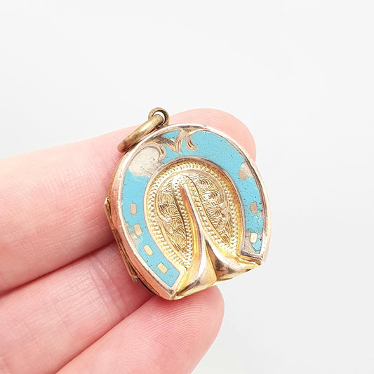 Antique 9ct 9k Gold Horseshoe Locket Sky Blue Enamel Victorian Necklace Pendant Solid Back & Front Horse Good Luck Womens Jewelry Jewellery
