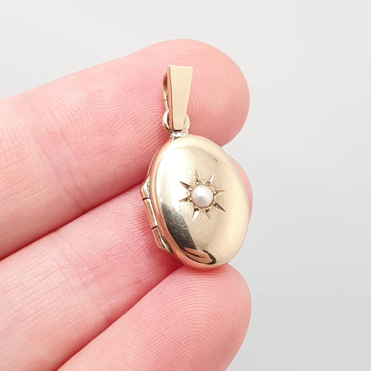 Vintage 9ct Gold Seed Pearl Locket Pendant Victorian Style Necklace Solid 9k 375 Hallmark Oval Antique Revival Photo Picture Womens Jewelry