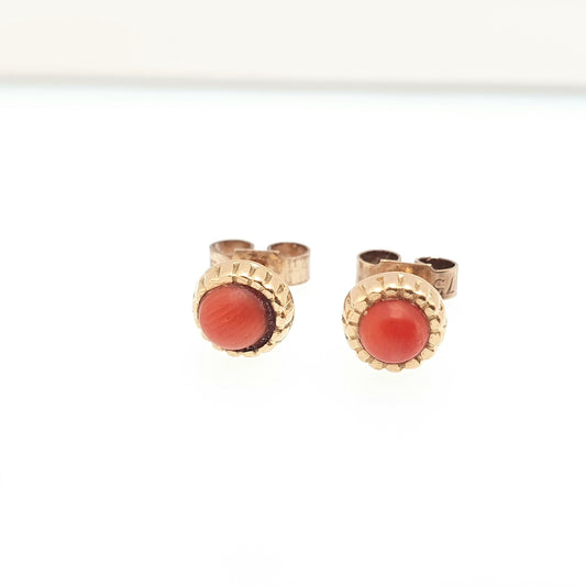 Antique 18k 18ct Gold Coral Earrings Stud Red Orange Solid 750 Vintage Round Cabochon Italian Elegant Womens Retro Jewelry Jewellery