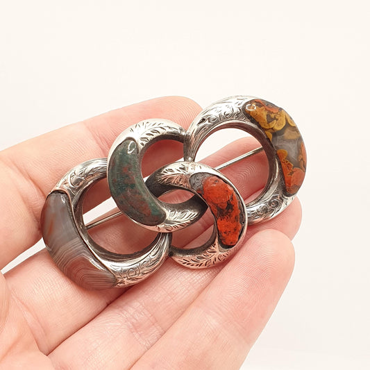 Antique Sterling Silver Scottish Brooch Bloodstone Jasper Agate Agate Knot Solid 925 Vintage Celtic Gaelic Fine Womens Jewelry Jewellery