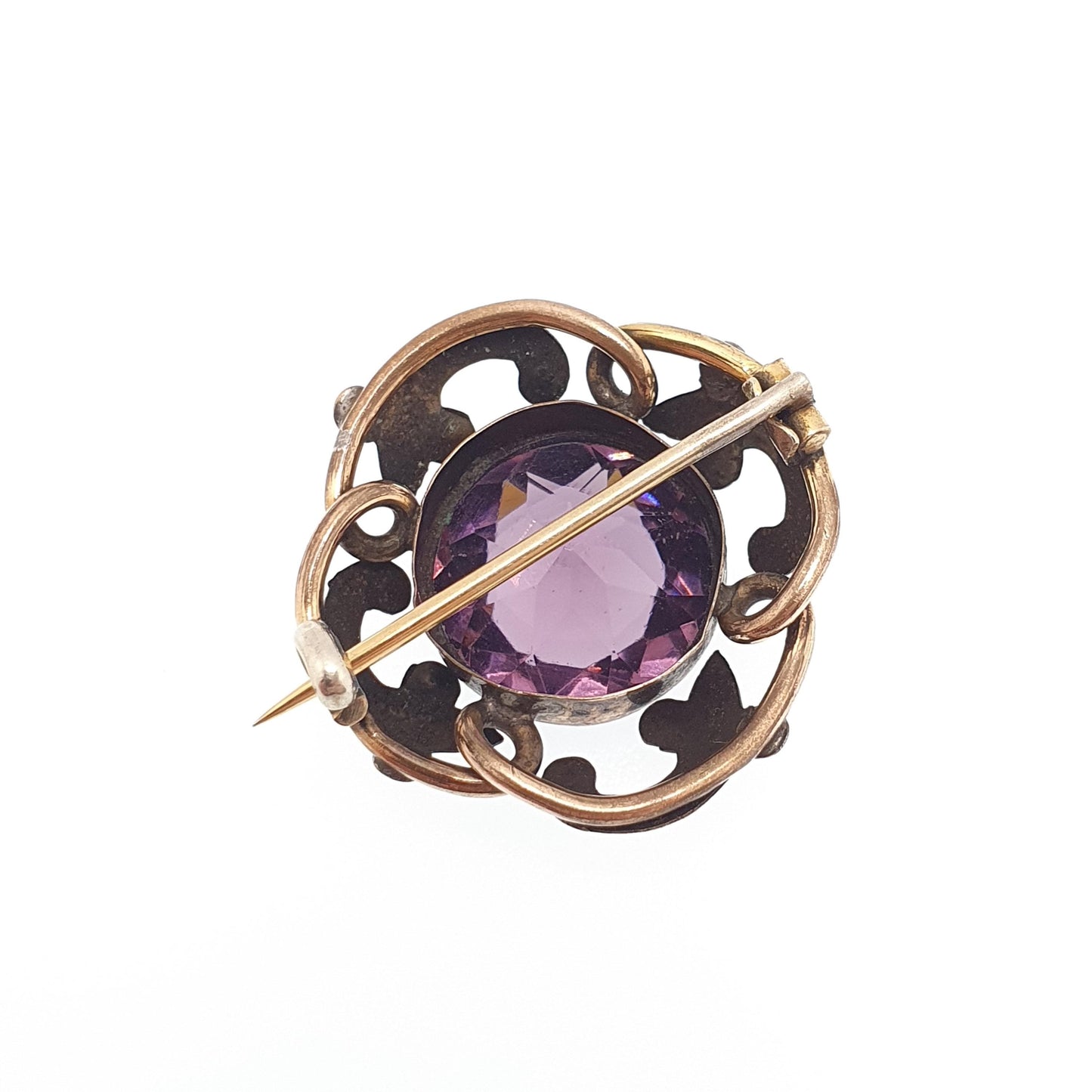 Antique Victorian Amethyst Paste Brooch Rolled Gold Filled Pin Knot Large Big Round Cut Purple Womens Ladies Vintage Jewelry Jewellery