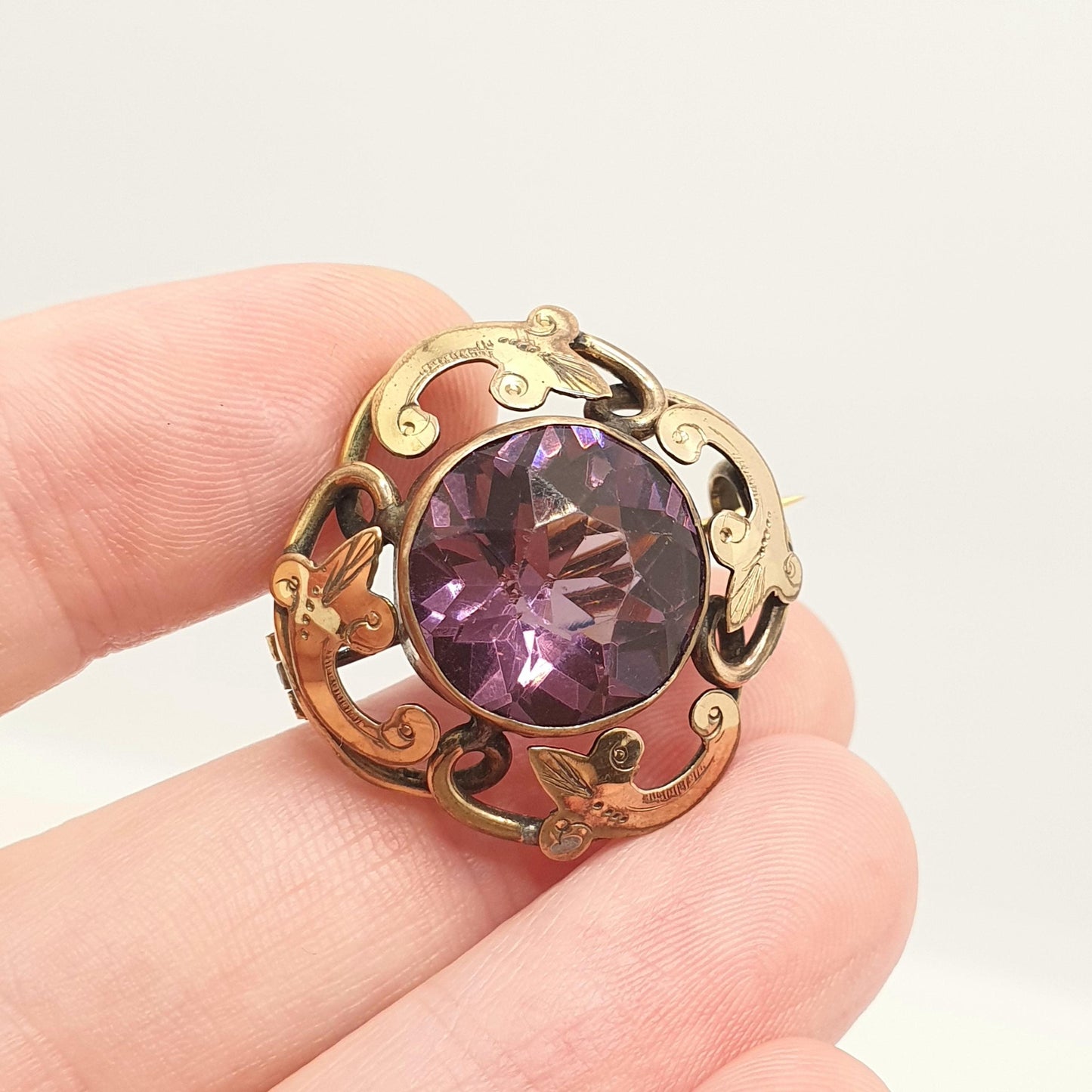 Antique Victorian Amethyst Paste Brooch Rolled Gold Filled Pin Knot Large Big Round Cut Purple Womens Ladies Vintage Jewelry Jewellery