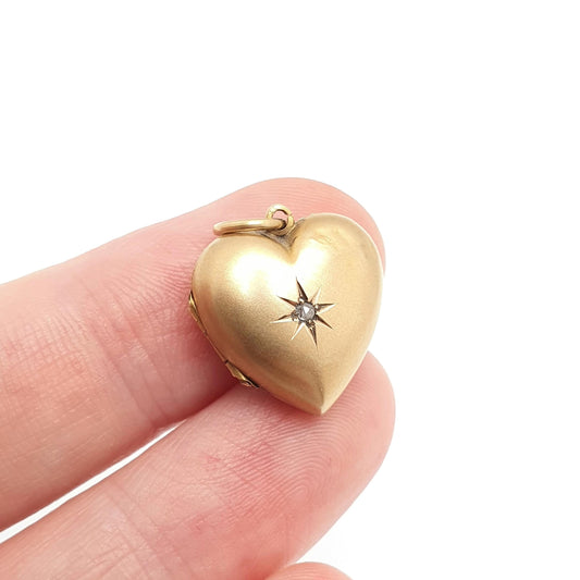Antique Diamond Heart Locket 9ct 9k Gold Pendant Star Engraved Solid 375 Fine Estate Back & Front Necklace Jewelry Womens Jewellery