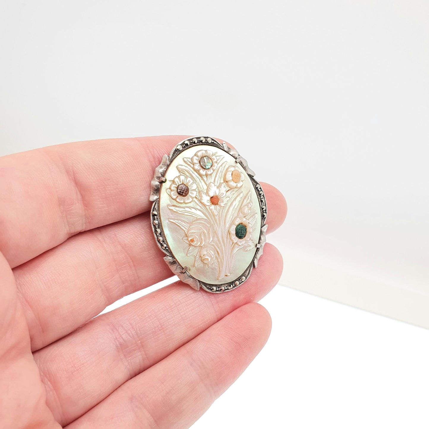 Antique Solid Silver Cameo Brooch Mother of Pearl Multi Coloured Shell Art Deco Marcasite Flower Large Rare White Womens Jewelry Jewellery