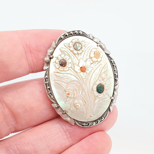 Antique Solid Silver Cameo Brooch Mother of Pearl Multi Coloured Shell Art Deco Marcasite Flower Large Rare White Womens Jewelry Jewellery