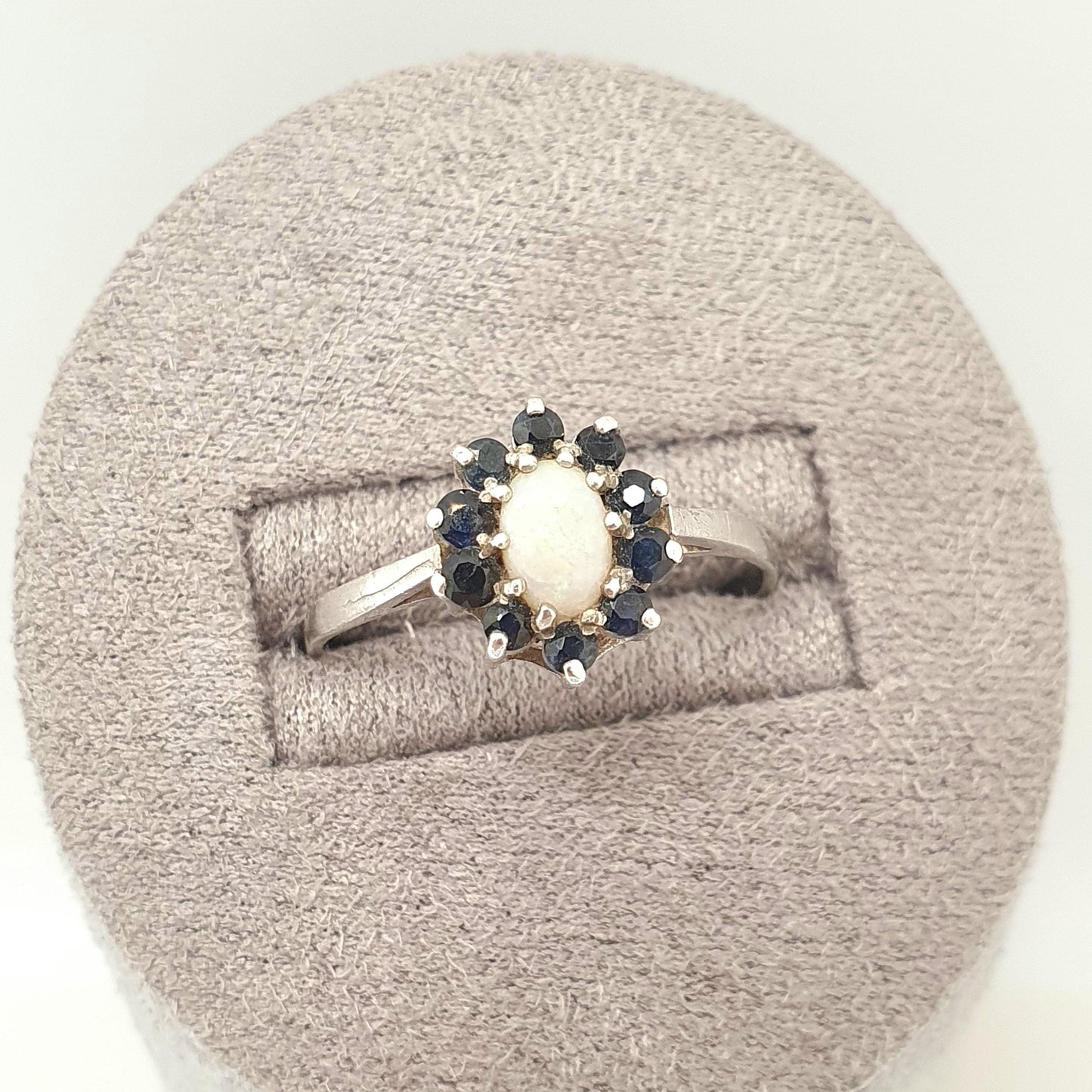 Vintage Sterling Silver Opal & Sapphire Ring Cluster Halo 1986 Hallmarked Sparkly Retro White Gemstone 925 Womens Genuine 9 3/4 T 1/2