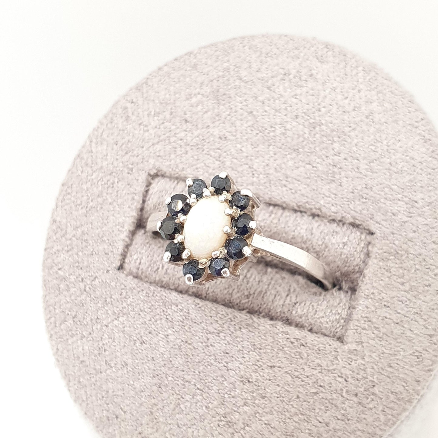 Vintage Sterling Silver Opal & Sapphire Ring Cluster Halo 1986 Hallmarked Sparkly Retro White Gemstone 925 Womens Genuine 9 3/4 T 1/2