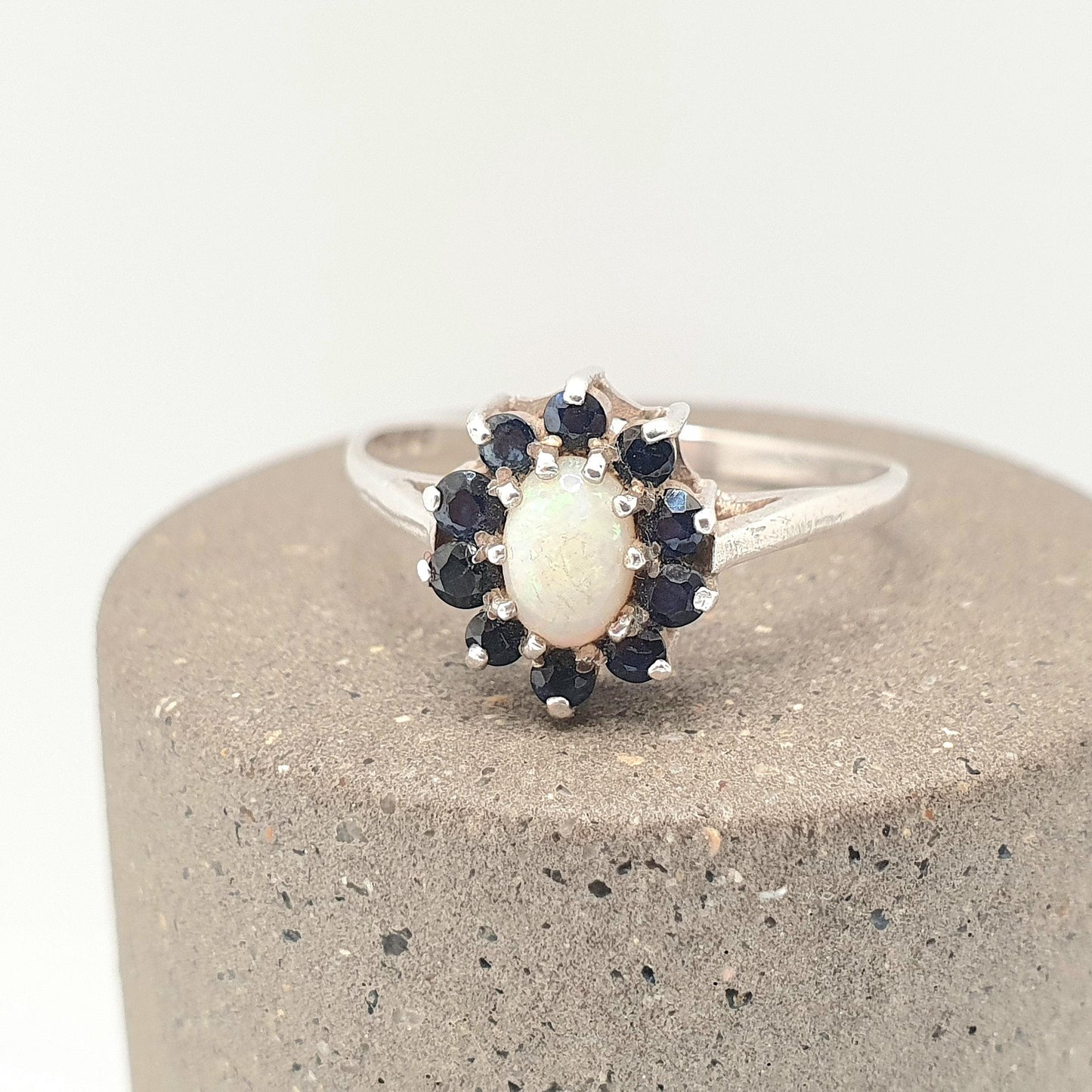 Vintage Sterling Silver Opal & Sapphire Ring Cluster Halo 1986 Hallmarked Sparkly Retro White Gemstone 925 Womens Genuine 9 3/4 T 1/2