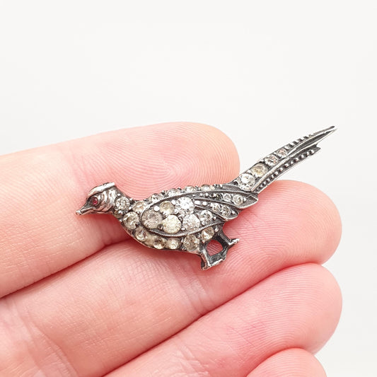 Antique Sterling Silver Pheasant Bird Brooch Diamond Paste Hunting Partridge Game Art Deco Fine  935 Silver Grouse Vintage Womens Jewelry