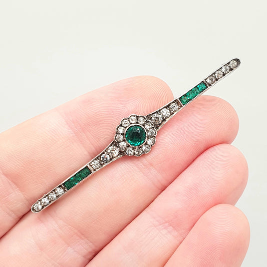 Antique Solid Silver Emerald Diamond Paste Brooch Cluster Pin Channel Cut Art Deco Vintage Sparkly Flapper Ladies Womens Jewelry Jewellery