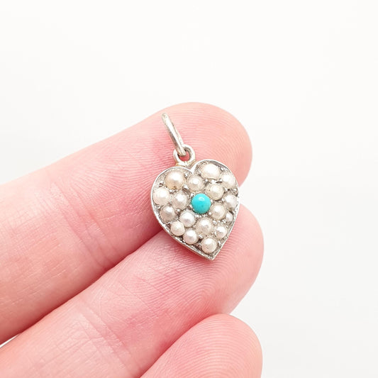 Antique Solid Silver Turquoise Seed Pearl Heart Pendant Necklace Victorian Charm Puffy Puffer Small Cute Vintage Gift Jewellery Jewelry