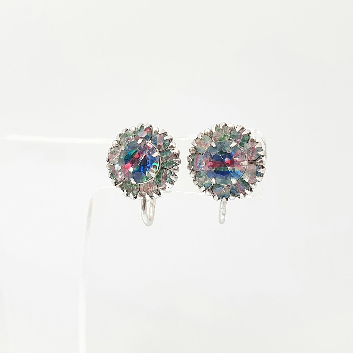 Antique Solid Silver Iris Rainbow Glass Earrings Cluster Screw Back Tutti Frutti Sparkly Foiled Fine Vintage Womens Jewelry Jewellery