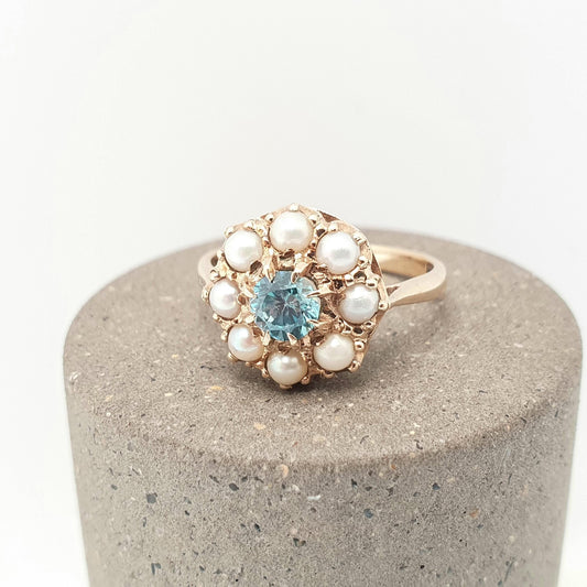 Vintage 9ct 9k Gold Aquamarine Topaz Ring Cultured Pearl Halo Cluster 1966 Hallmark Solid 375 9kt Sky Blue Ladies Womens Jewelry Jewellery