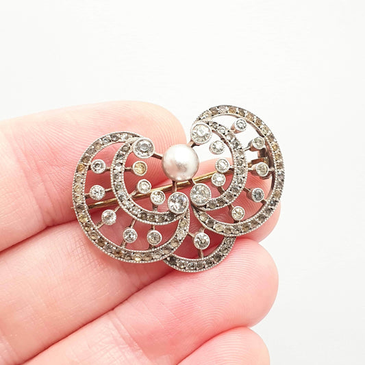 Antique Solid Silver Diamond Paste Brooch Cultured Pearl Genuine Edwardian Art Nouveau 1900s Sparkly Foiled Glass Womens Jewellery Jewelry