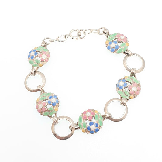 Vintage Solid Silver Enamel Flower Bracelet 1950s Maybe A.H Darby Scandinavian Style Handmade 15.07g 20cm Womens Jewelry Retro Jewellery