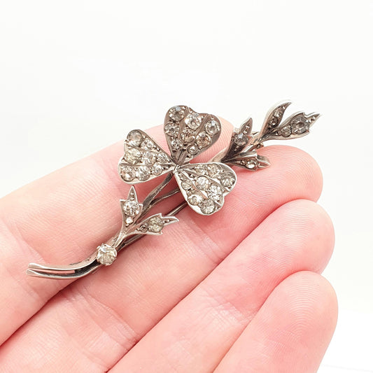 Antique Victorian Solid Silver Clover Brooch Diamond Paste Irish Shamrock Good Luck Three Lead Vintage Sparkly Womens Jewelry Jewellery