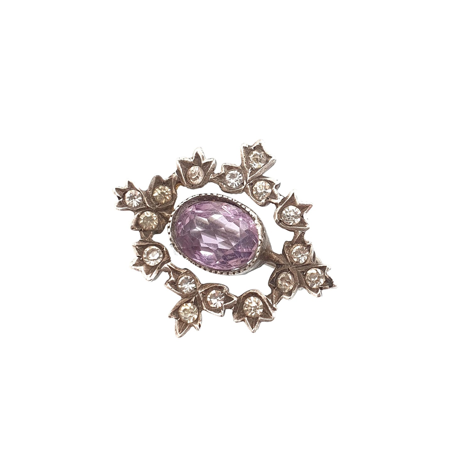 Antique Natural Amethyst Brooch Solid Silver Pin Diamond Paste Cluster Oval Cut Real Gemstone Genuine Quartz Vintage 1800s Jewelry Jewellery