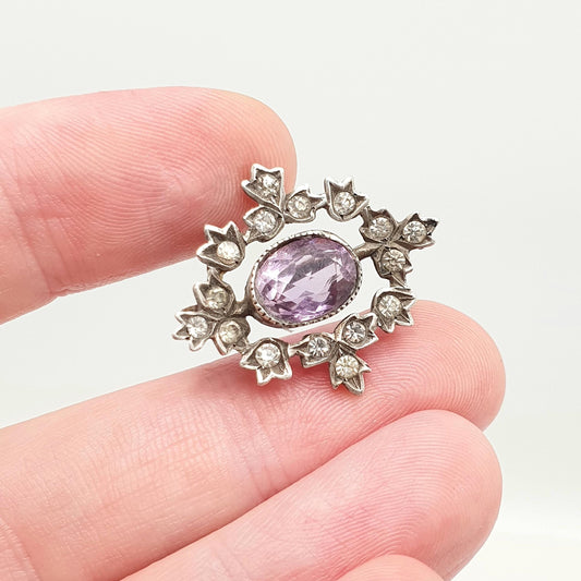 Antique Natural Amethyst Brooch Solid Silver Pin Diamond Paste Cluster Oval Cut Real Gemstone Genuine Quartz Vintage 1800s Jewelry Jewellery