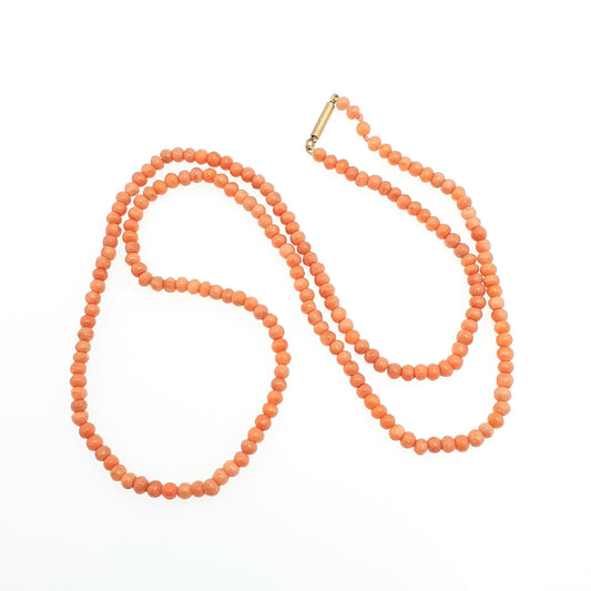 Antique Coral Bead Necklace Victorian Salmon Orange Very Long 58cm 11.45g Hand Carved Round Rolled Gold Clasp Vintage Jewelry Jewellery