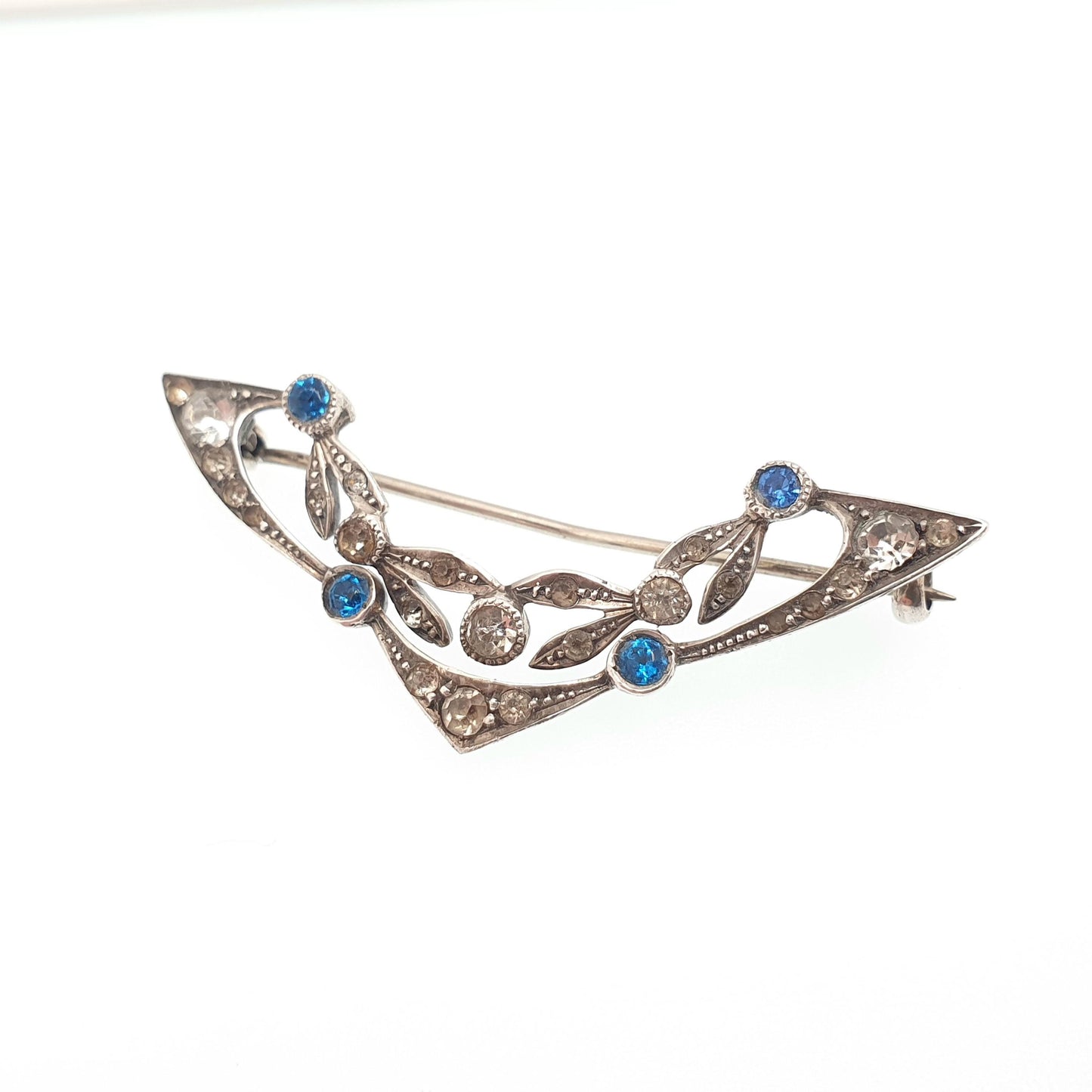 Antique Solid Silver Sapphire & Diamond Paste Brooch Victorian Art Nouveau V Bar Pin 1800s Gift Sparkly Vintage Womens Jewelry Jewellery