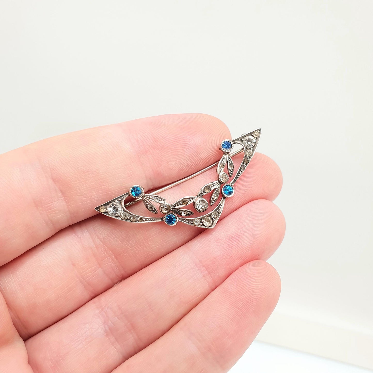 Antique Solid Silver Sapphire & Diamond Paste Brooch Victorian Art Nouveau V Bar Pin 1800s Gift Sparkly Vintage Womens Jewelry Jewellery