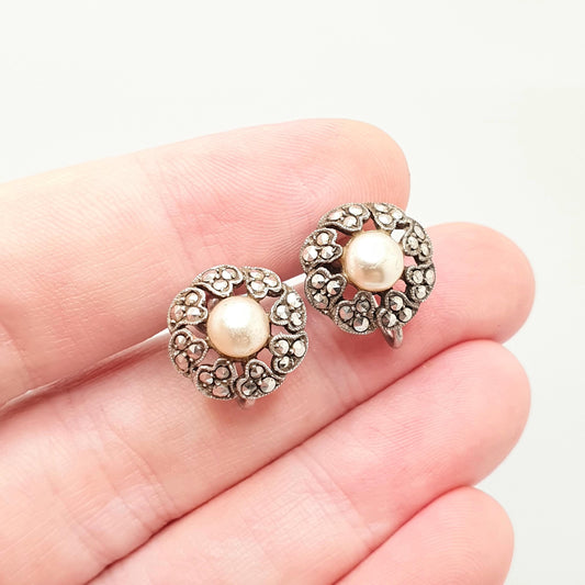 Antique Art Deco Solid Silver Pearl Earrings Marcasite Simulated Faux Spiral 1920s Vintage Flower Genuine Womens Ladies Jewelry Jewellery