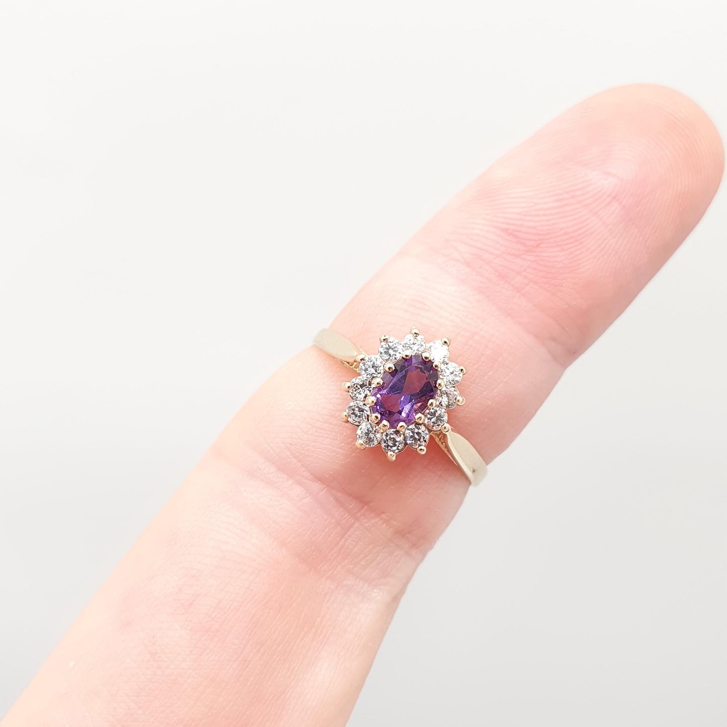 Vintage 9k 9ct Gold Amethyst Ring Oval Cut Solid 375 CZ Halo Cluster Purple Gemstone Quartz Hallmarked Retro Gift Womens Jewellery Jewelry