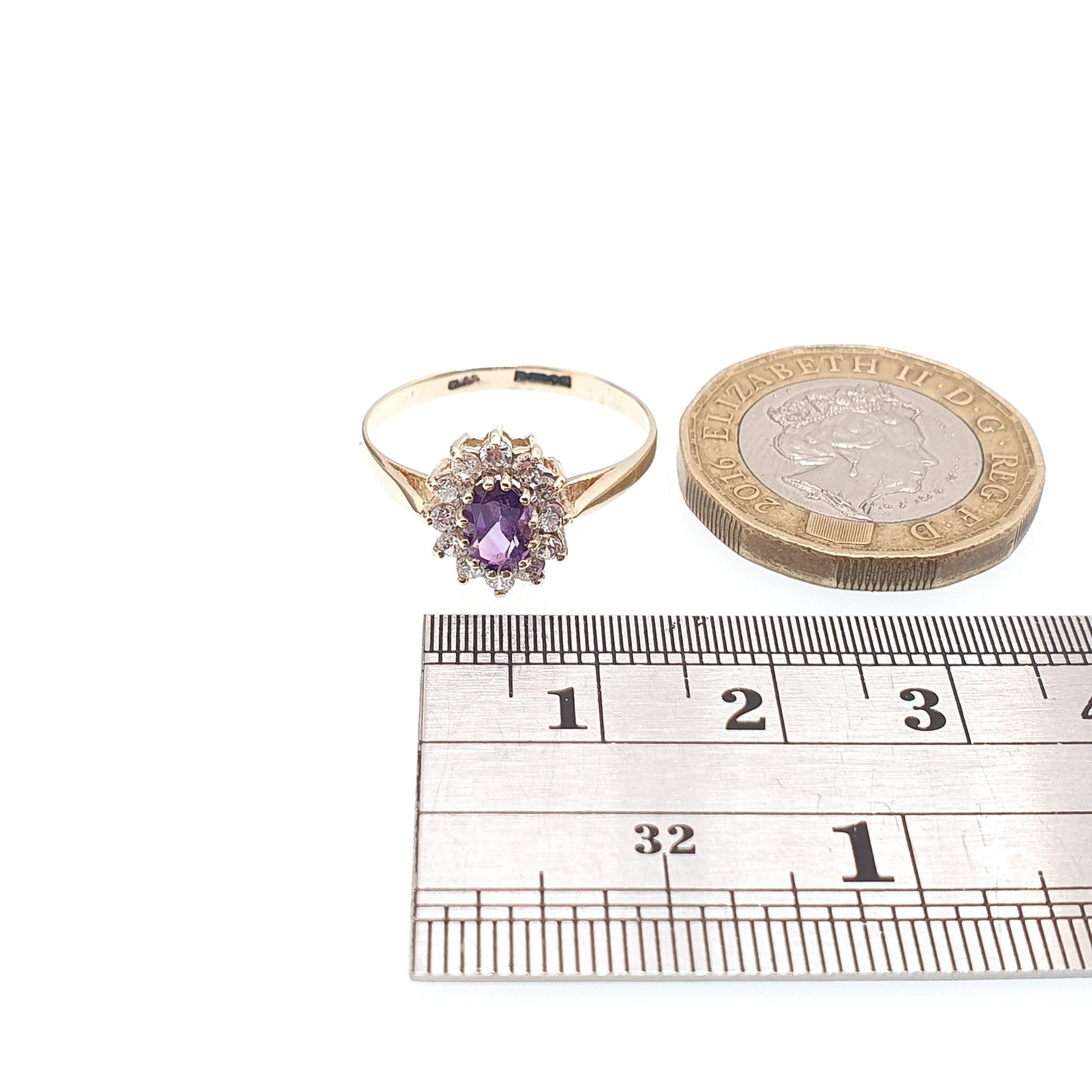 Vintage 9k 9ct Gold Amethyst Ring Oval Cut Solid 375 CZ Halo Cluster Purple Gemstone Quartz Hallmarked Retro Gift Womens Jewellery Jewelry