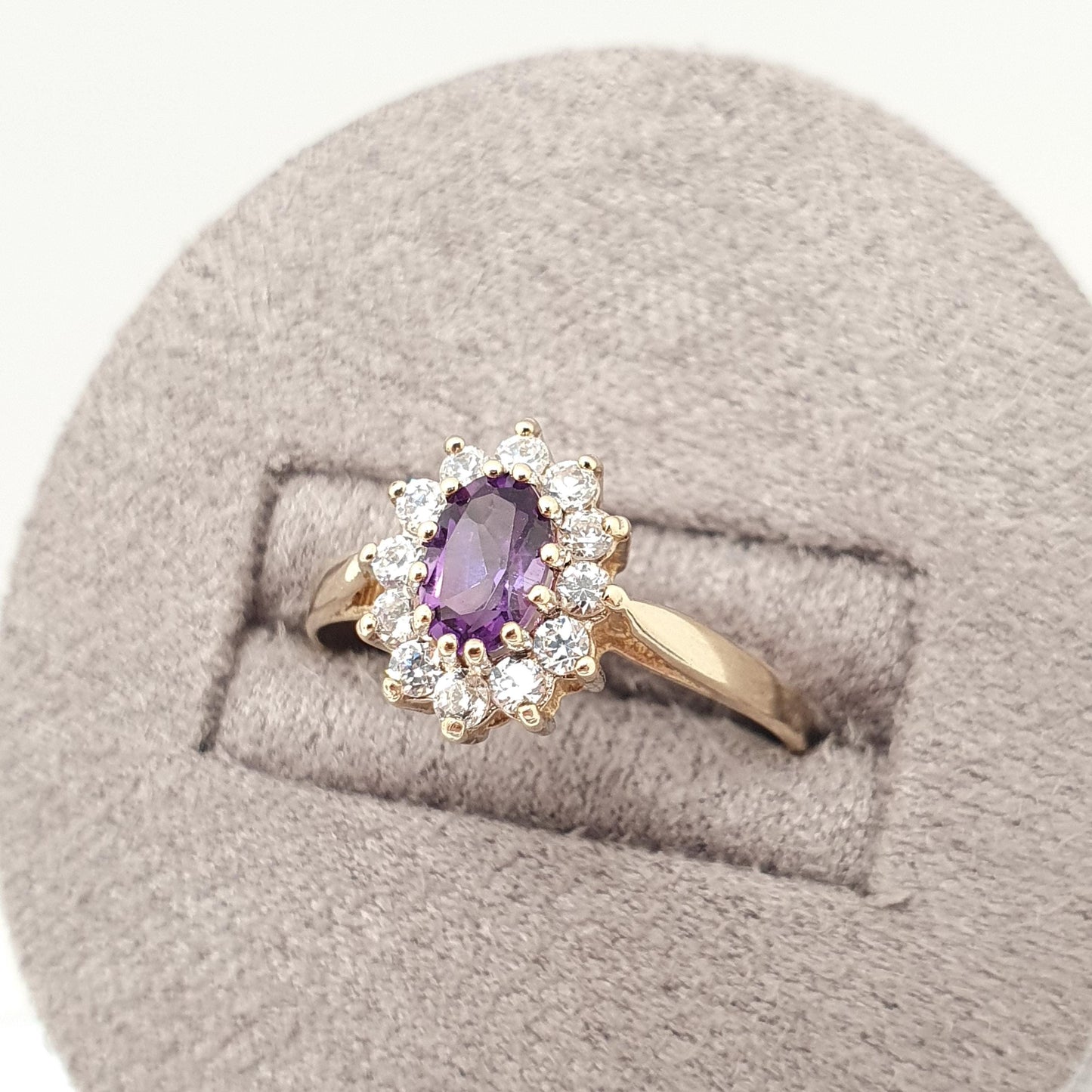 Vintage 9k 9ct Gold Amethyst Ring Oval Cut Solid 375 CZ Halo Cluster Purple Gemstone Quartz Hallmarked Retro Gift Womens Jewellery Jewelry