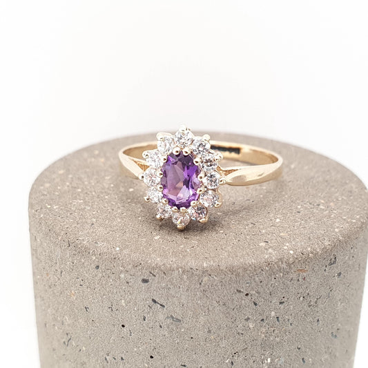 Vintage 9k 9ct Gold Amethyst Ring Oval Cut Solid 375 CZ Halo Cluster Purple Gemstone Quartz Hallmarked Retro Gift Womens Jewellery Jewelry