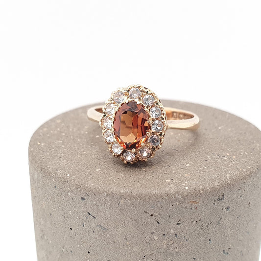 Vintage 9k 9ct Gold Citrine Paste Ring White Quartz Halo Cluster Large Big Oval Cut Gemstone Hallmark Solid 9 Carat Womens Jewelry Jewellery